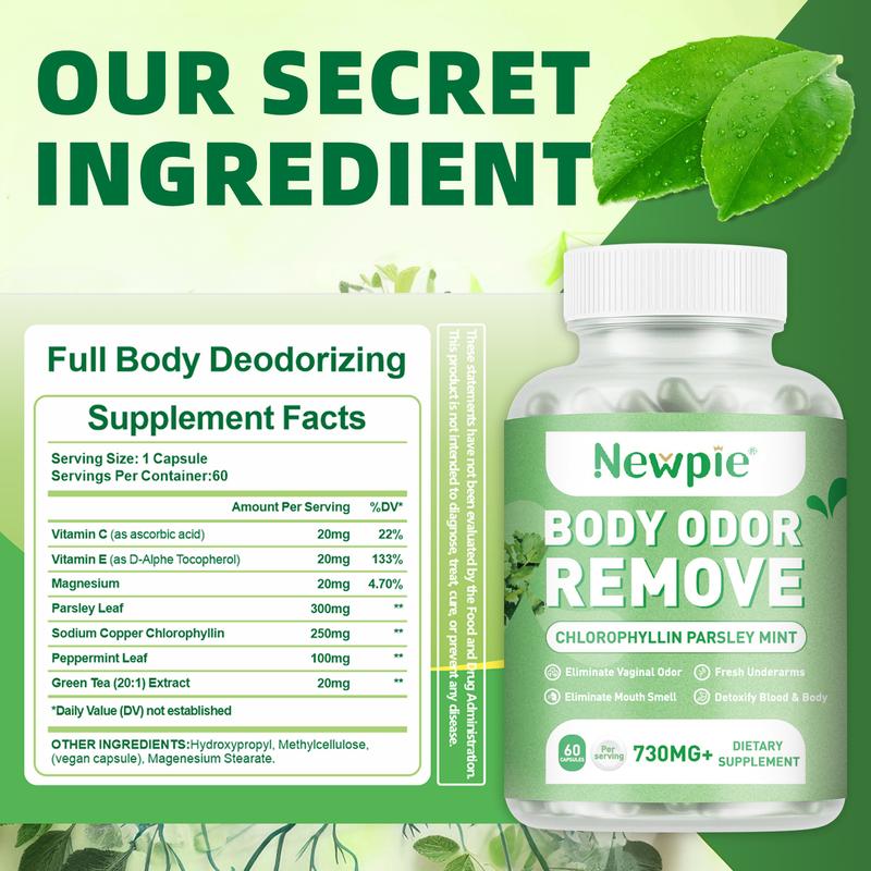 Chlorophyll Body Deodorizing Supplement - Internal Deodorant Pills for Women & Men, Whole Body Odor Eliminator Capsules, 60 Count