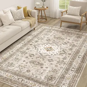 Vintage Living Room Area Rug 6x8 - Large Soft Washable Oriental Traditional Distressed Farmhouse Rugs for Bedroom - Indoor Floor Accent Carpet for Home Office House Decor - Beige