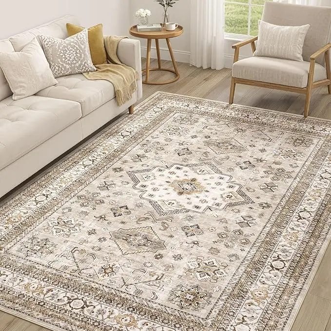Vintage 6x8 Living Room Area Rug - Large Soft Washable Oriental Traditional Distressed Farmhouse Rugs for Living Room, Bedroom - Indoor Floor Accent Carpet for Home Decor, Beige, Living Room Rugs