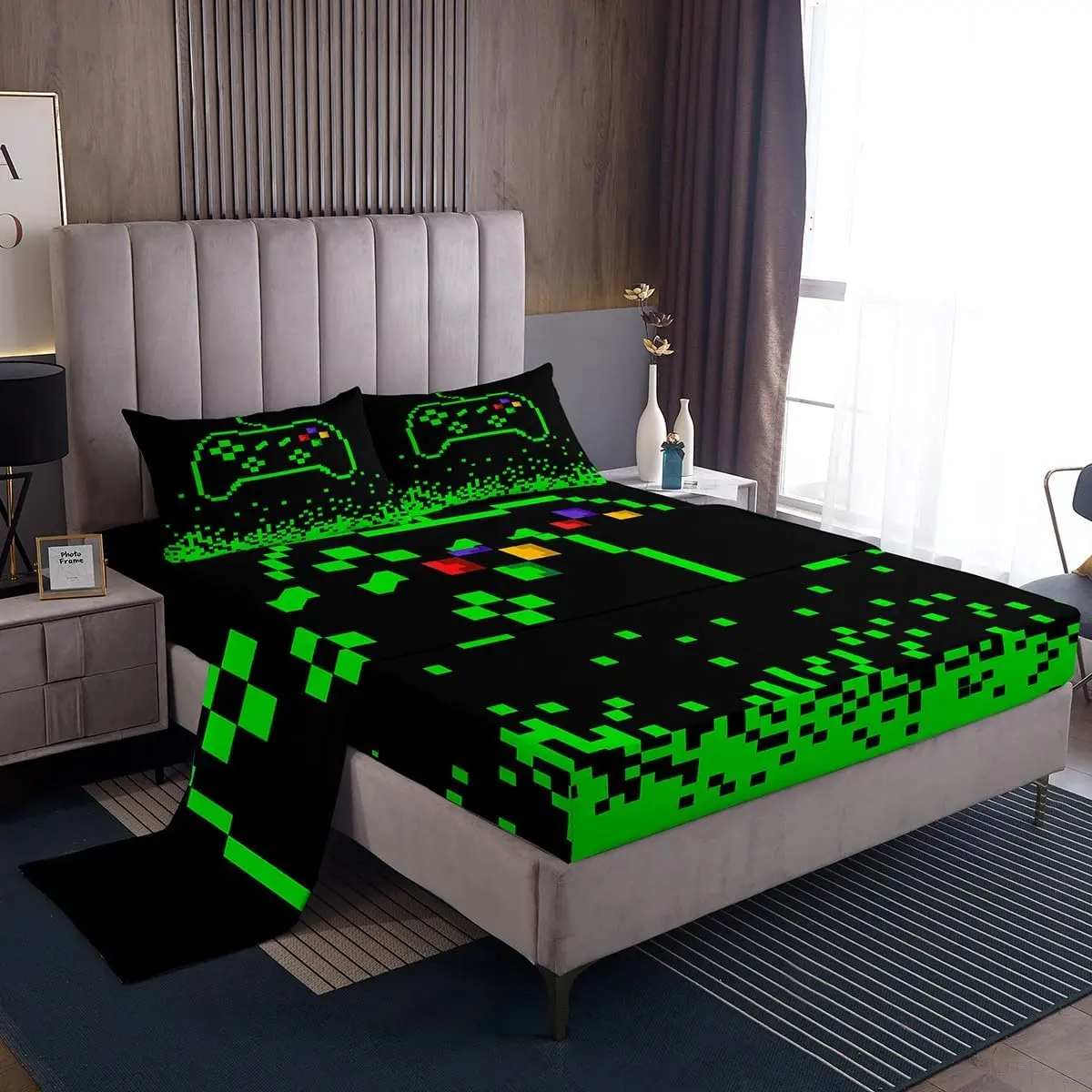 Video Games Bed Sheet,Miner Pixel Games Bedding Sets Room Decor,Neon Green Block Building Fitted Sheets Modern Black Top Flat Sheet
