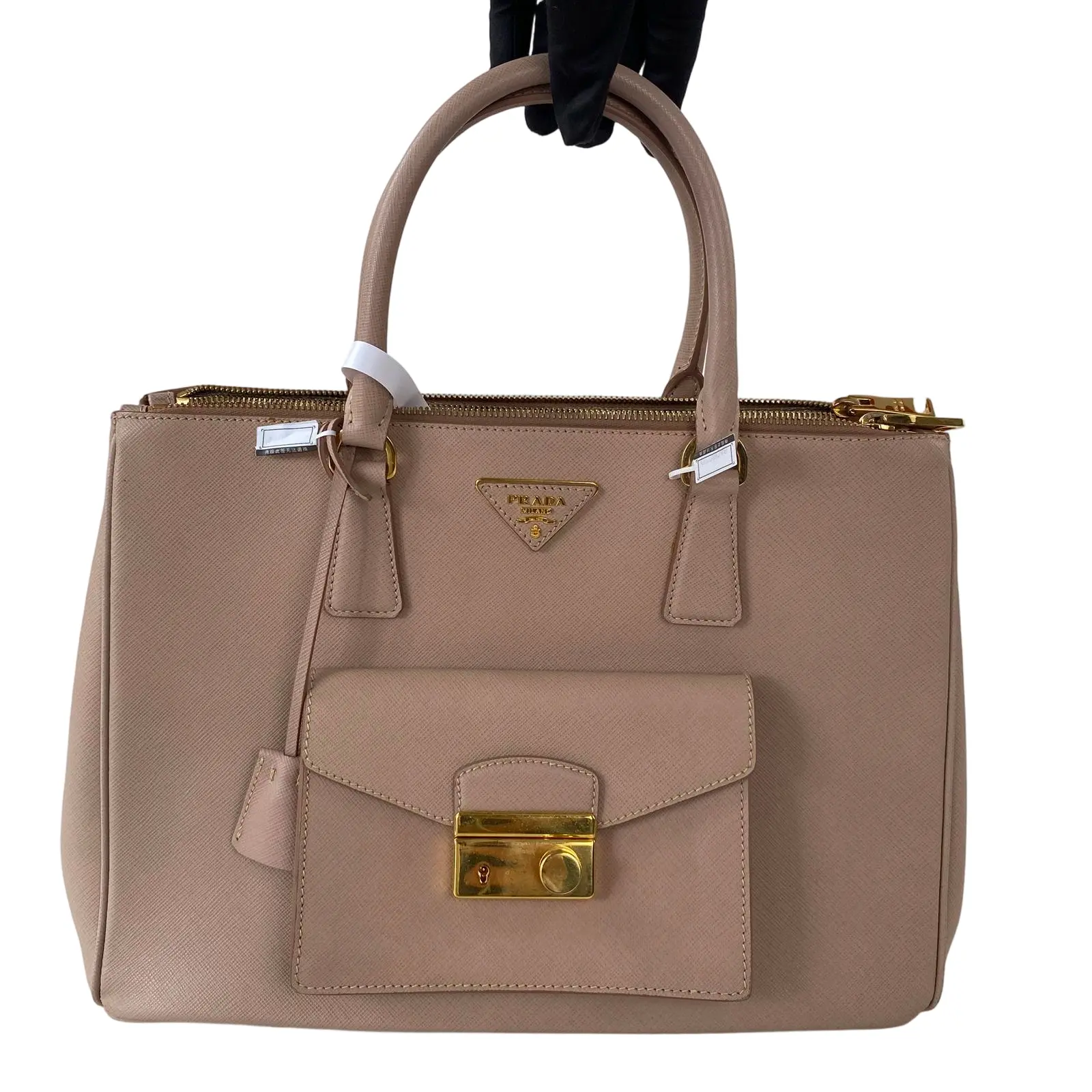 Pre-owned PRADA Classic nude blush Saffiano crosshatch calf leather Tote Bags Saffiano Front Pocket Double Zip Tote Bag+charm +++
