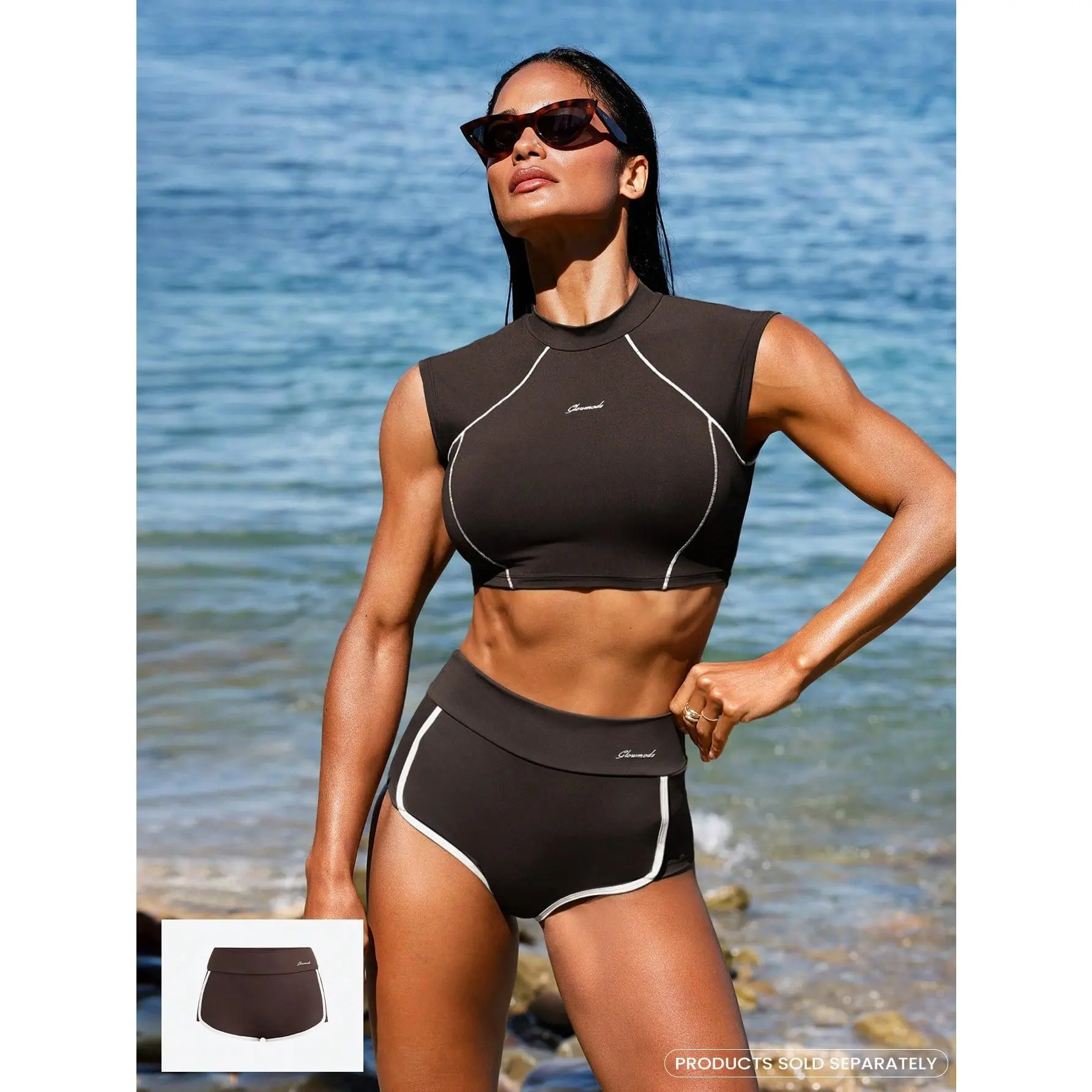 GLOWMODE Chlorine-Resistant Make A Splash High-Waisted Sun-Protective Stretchy Quick-Dry Colorblock Bikini Bottoms Swimming Beach Pool Holiday Vacation Summer Wear