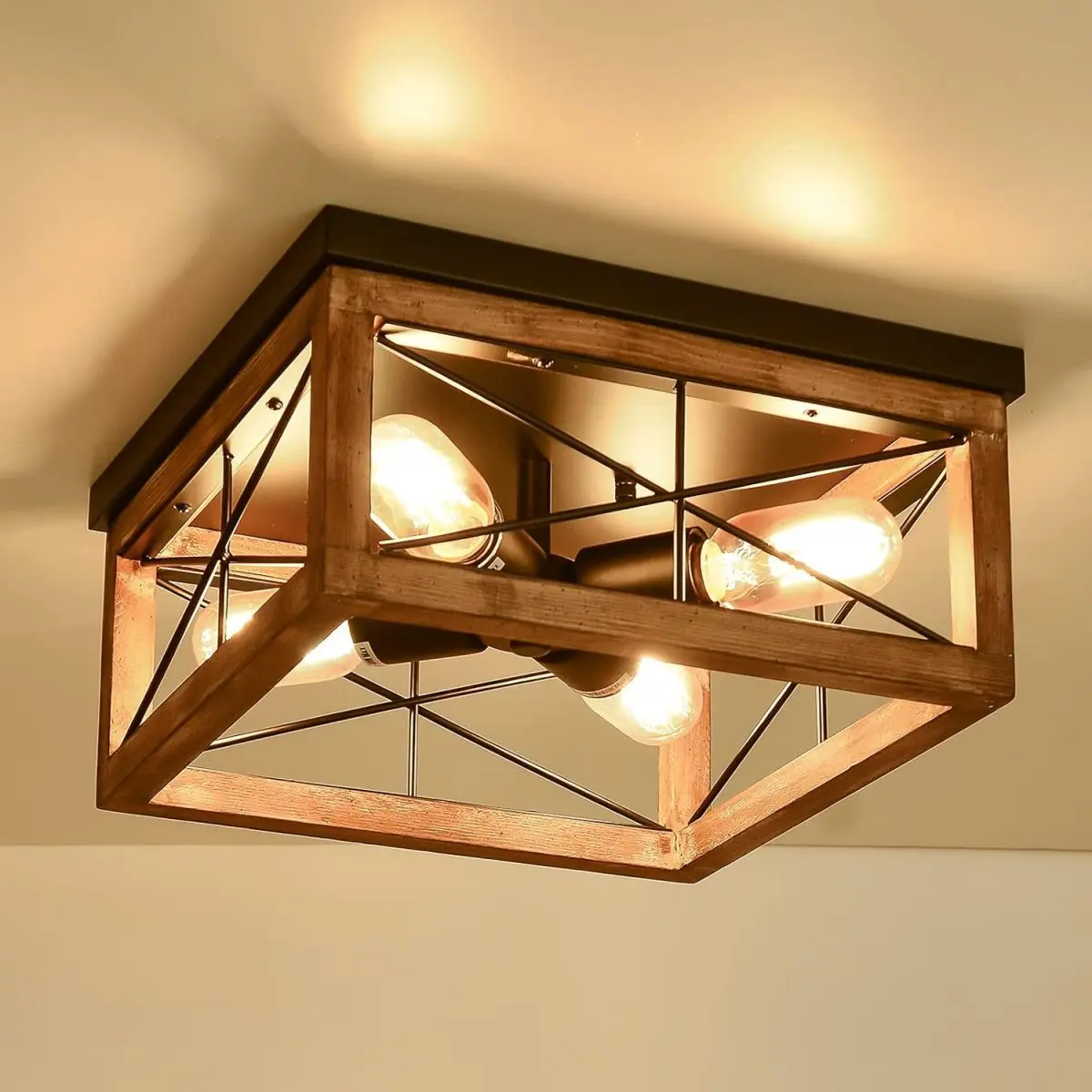 Vintage Farmhouse 4-Light Flush Mount Industrial Pendant Light Fixture - 12.99x12.99x6.89in Solid Wood & Black Metal, Ceramic Sockets, Pre-Assembled for Kitchen, Living Room Indoor Warm Glow Decor, Industrial Pendant Lights
