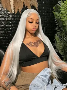 Silver Straight Wig 13x4 Lace Front Wigs Soft HD Transparent Lace Frontal Wig Pre-Plucked Natural Hairline Free Parting Synthetic Straight Wig Silver Grey Concert Look Music Festival Look Wig for Daily Wear Party Elegant Wig 28 Inch