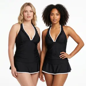 Women Swimdress Swimsuit - Tummy Control Bathing Suit with Halter Neck & Ruffle Trim, Built-in Bra Slimming Two Piece Swimwear