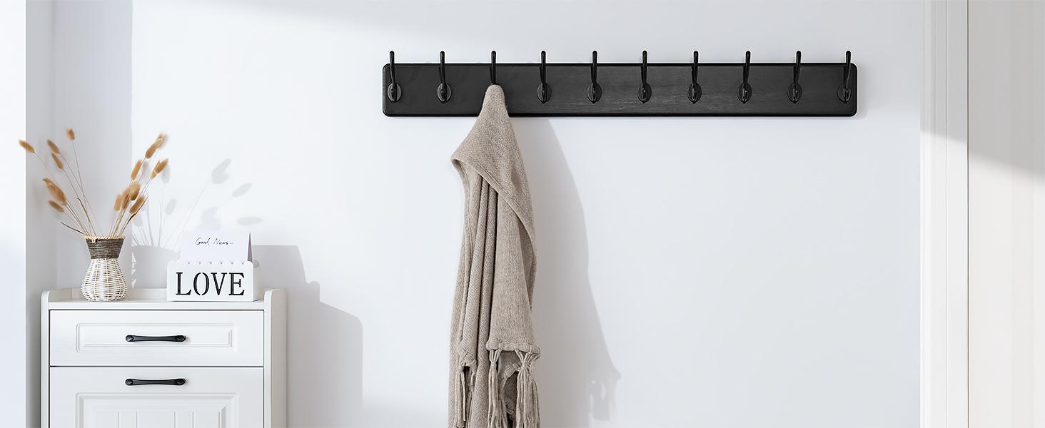 Farmhouse Style Wall Mounted Coat Rack, 38.6'' Pine Wood Coat Hook Hanger - 10 for Clothes Robes Towels