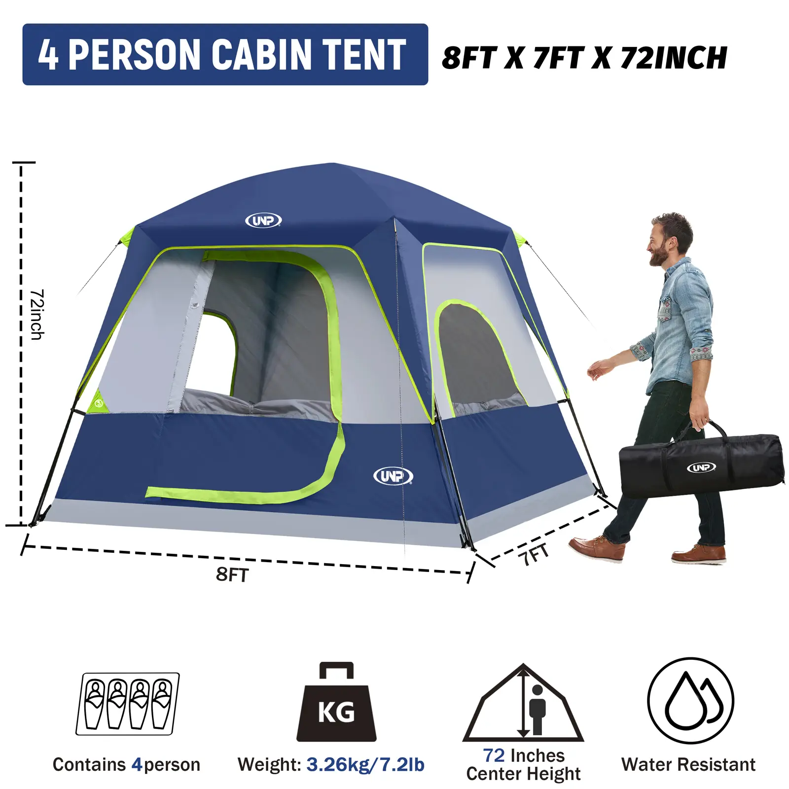 UNP Instant Cabin Tent for Camping, 4-Person Waterproof Polyester Outdoor Shelter with Breathable Mesh Windows & Removable Awning, Spacious & Windproof, 8'x7', Outdoor Camping Equipment, Sturdy Outdoor Tent