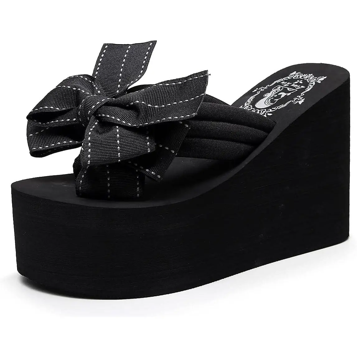 Women's Gothic Platform Flip Flops Chunky High Heel Wedge Sandals, Bowknot Goth Wedge Slippers, Comfort Summer Beach Casual Walking Shoes