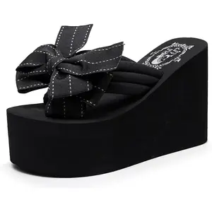 Momolove Womens Platform Flip Flops Gothic Sandals For Women Chunky High Heel Flip Flop Goth Wedge Slippers With Bowknot