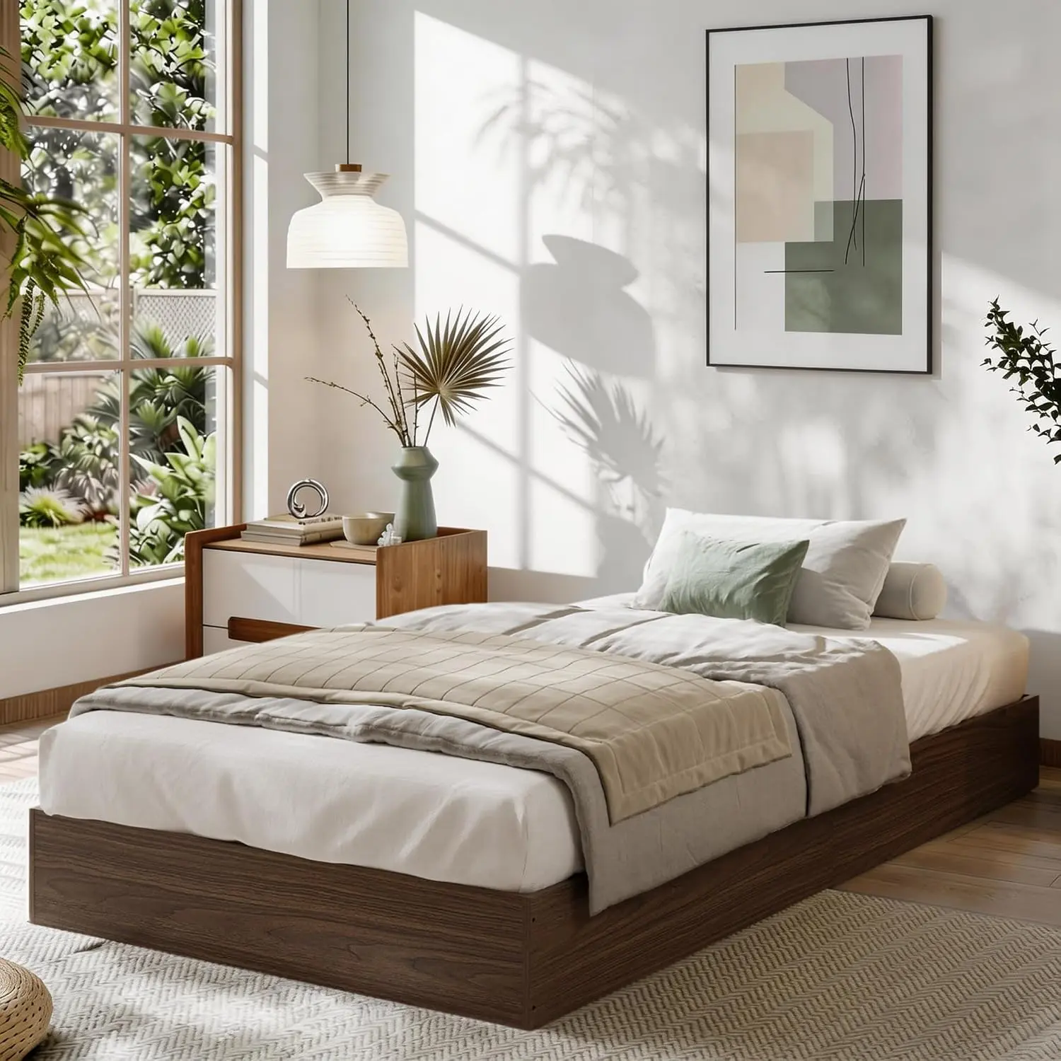 Garvee Solid Wood Platform Bed Frames in Twin to California King Sizes with Wooden Slat Support, No Box Spring Needed, Easy Assembly, Multiple Finishes, Modern Minimalist Design, Space-Saving, Noise-Free