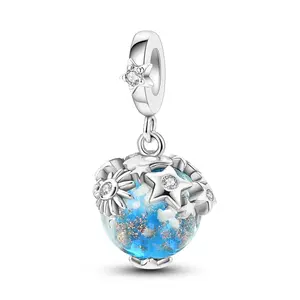 MULA 925 Sterling Silver luminous glass planet pendant | Suitable for Pandora bracelets | Starry sky theme | Luminous glass bead necklace | Dreamy galaxy girl style