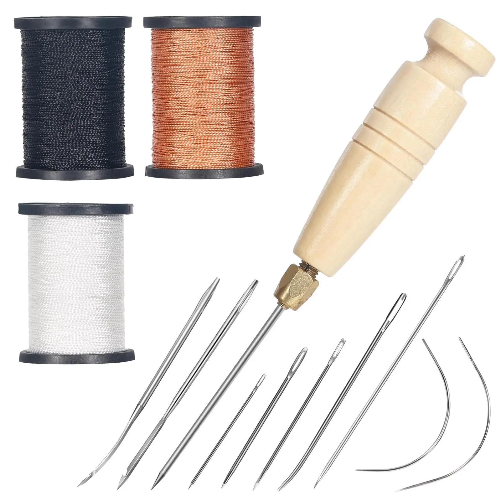 3-Spool Nylon Thread Sewing Kit, 80 Yards Each, Heavy Duty Needles (5 Straight, 2 Curved), Sewing Awl, Ideal for Upholstery, Leather, Shoes & DIY Crafts
