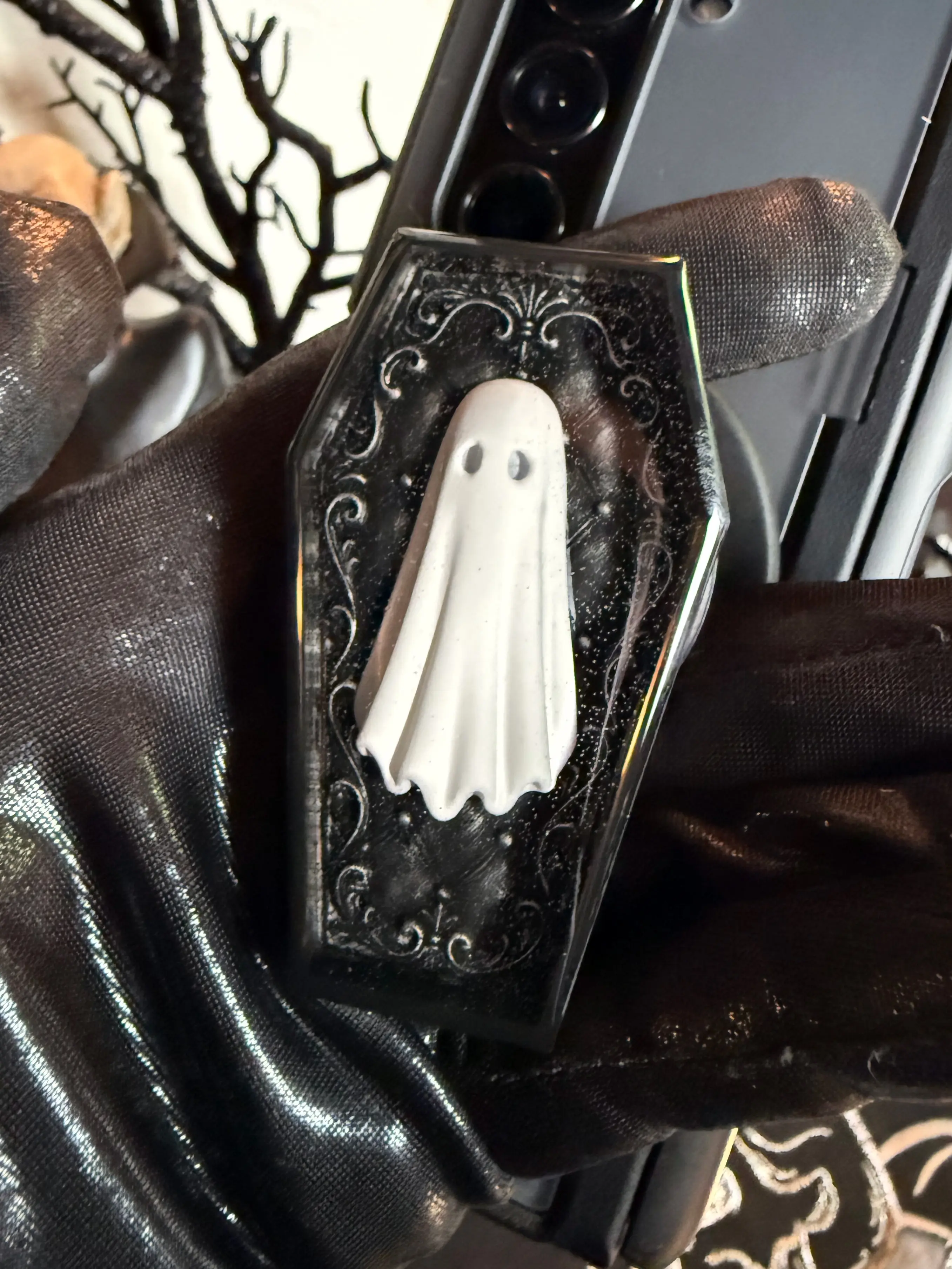 Coffin Ghost Phone Grip & Stand, Clear Resin Coated, Hand Painted 3D Relief, available as MagSafe or Adhesive Grip