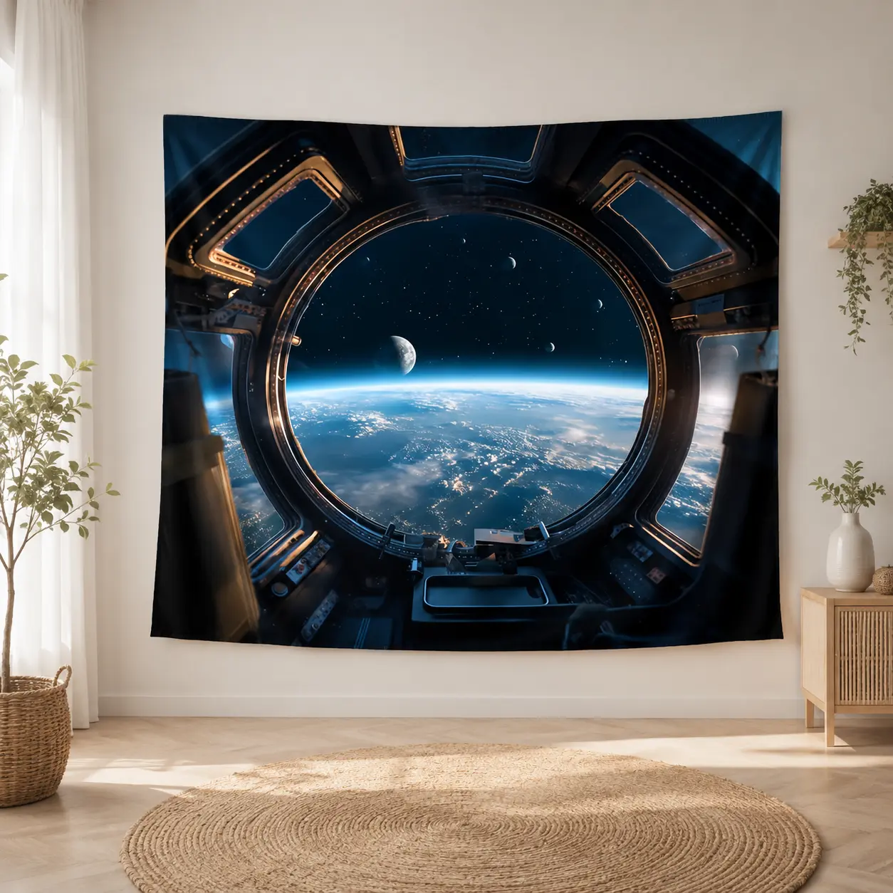 1PC Printed Polyester Reusable 2D Flat Spaceship Porthole Tapestry Backdrop - Earth Starry Sky Design, Happy Birthday Photo Booth Decor, Home Wall Decor for Bedroom, Outdoor Use