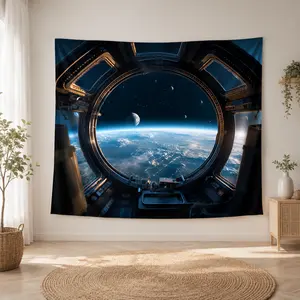 1PC Polyester Reusable 2D Flat Spaceship Porthole Tapestry Backdrop - Earth Starry Sky Design, Space-Themed Birthday Party Decoration, Home Wall Decor for Bedroom & Living Room