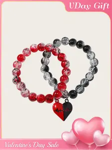 2 bracelets， Gothic Style Couple Bracelets, Heart Shape Glass Beads, Magnetic Love Pendant, Valentine's Day Gift, Round Design