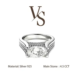 [Venus Jewelry] Synthetic Moissanite 4.5 CCT Oval Shape Heavy Luxury East To West VVS 1 D Color Solid Silver 925 Solitare Ring