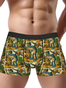 BIIHUDU Brain Rot Meme Boxer Briefs - Funny Italian Underwear with Dinosaur & Pineapple Design, Stretchy Polyester, Black Wai