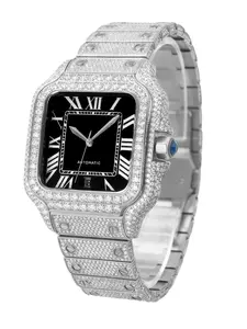 Luxury Fashion Watch with Moissanite Automatic Mechanical Movement, Stainless Steel Band, Face, Square Rose Gold Case, Analog Watch