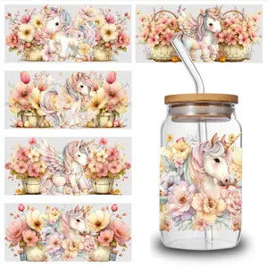 5 Sheets Unicorn Floral UV DTF Stickers Self-Adhesive UV DTF Transfer Stickers - 5pcs for Glass Jars, Bottles, Cups - Permanent Decoration Suitable for DIY Crafts, Wine Bottles, Water Bottles, Tea Cups