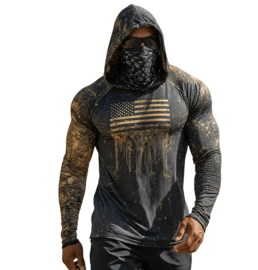 [New Product] Professional Men's Long-Sleeved Hoodie - Black Gold Splatter National Flag Integrated Mask, Breathable Athleisure Hoodies for Outdoors Going Out, Mens Clothing Men's Wear Casual Athletic Tops