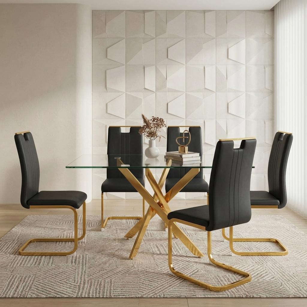 Modern Cantilever Dining Chairs Set of 2/4, Black Gold PU Leather Upholstered Side Chairs with Gold Metal Frame for Kitchen Living Room