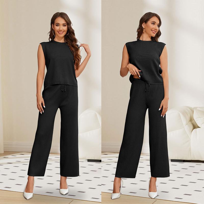 Molitree Women's 2 Piece Outfits Sweater Sets Knit Sleeveless Pullover Tops High Waist Pants Lounge Sets Tracksuits
