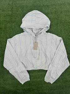 KITH Women's Clovis Logo Stiped Cropped Hoodie Orbit Blue - Size Large