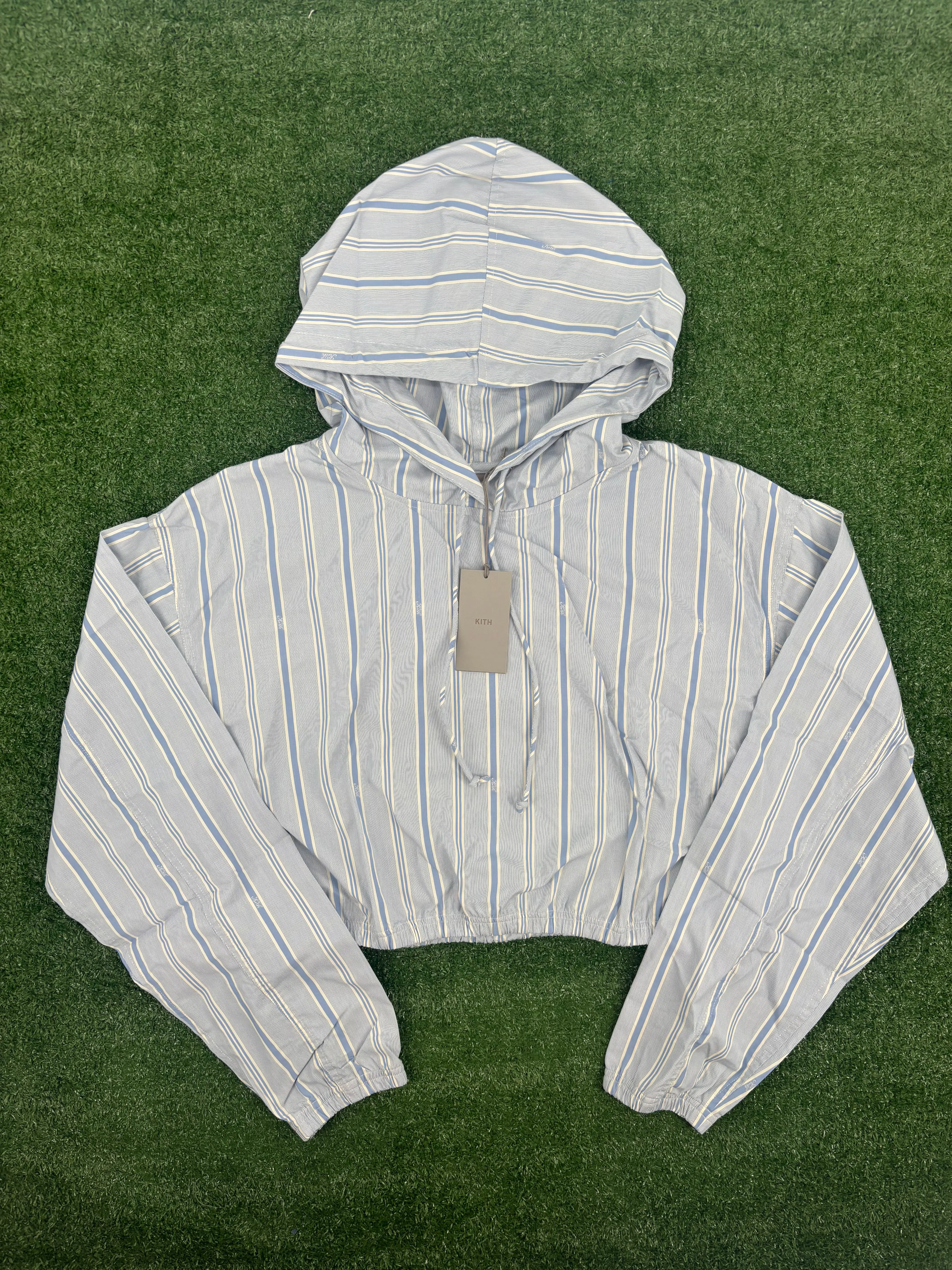 KITH Women's Clovis Logo Stiped Cropped Hoodie Orbit Blue - Size XS
