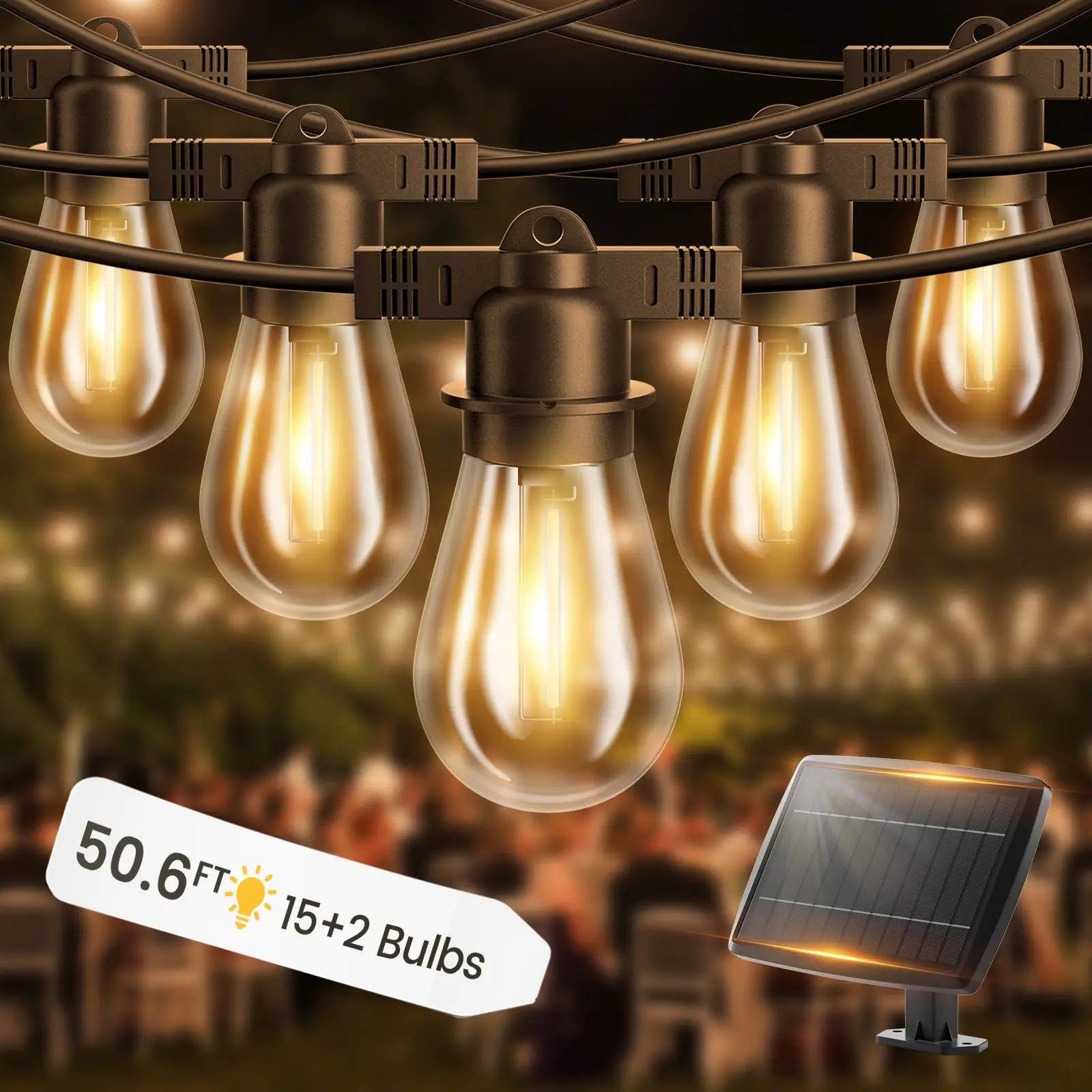 Baxstel 50.6Ft Solar String Lights Outside Waterproof, Outdoor Solar Powered Patio Lights with 17 Edison Shatterproof Bulbs(2 Spare), Commercial Grade