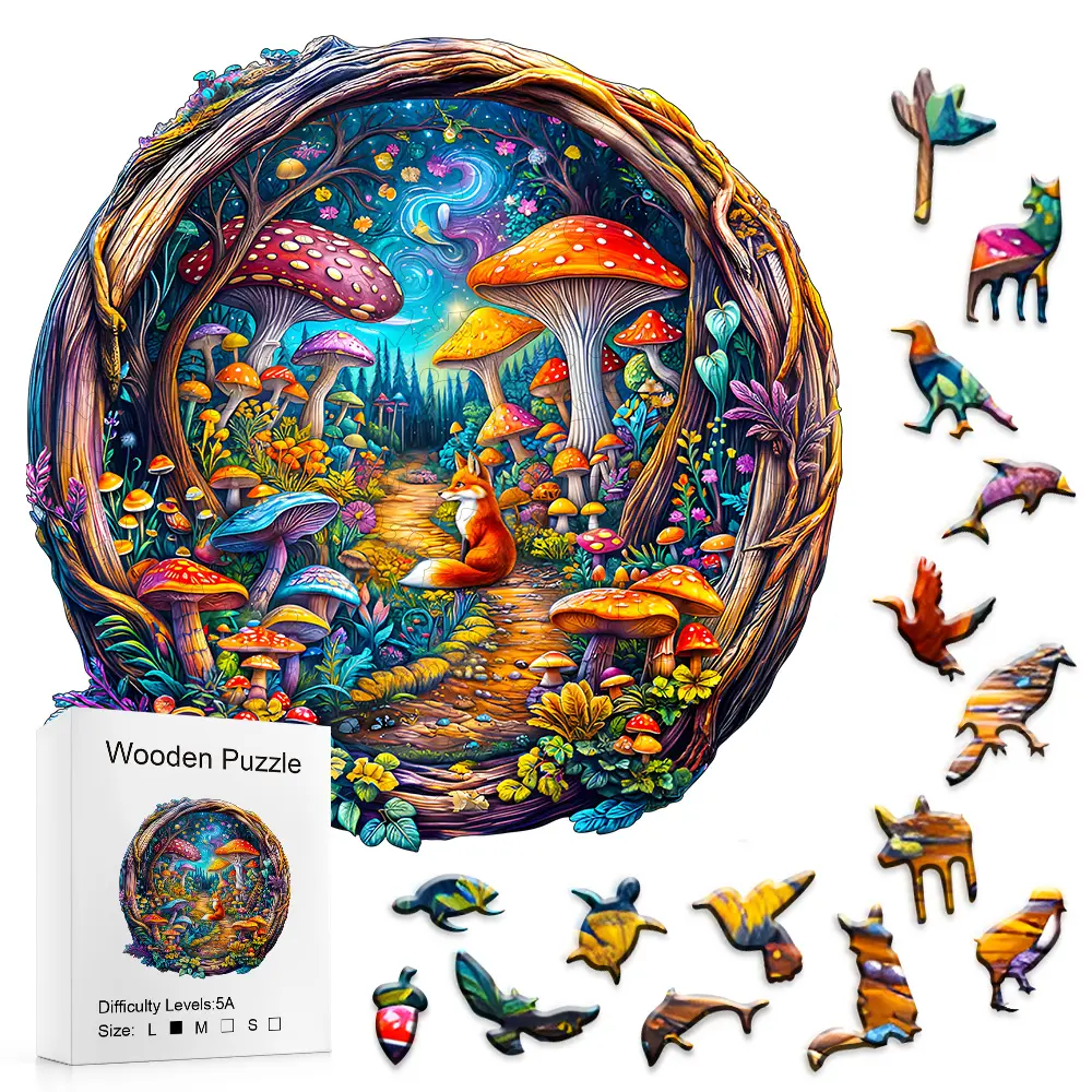 5A Difficulty Wooden Jigsaw Puzzles - Fox & Mushroom Fantasy Design, Stitch Detail, Healing Decompression Challenge, Creative Gift for Adults
