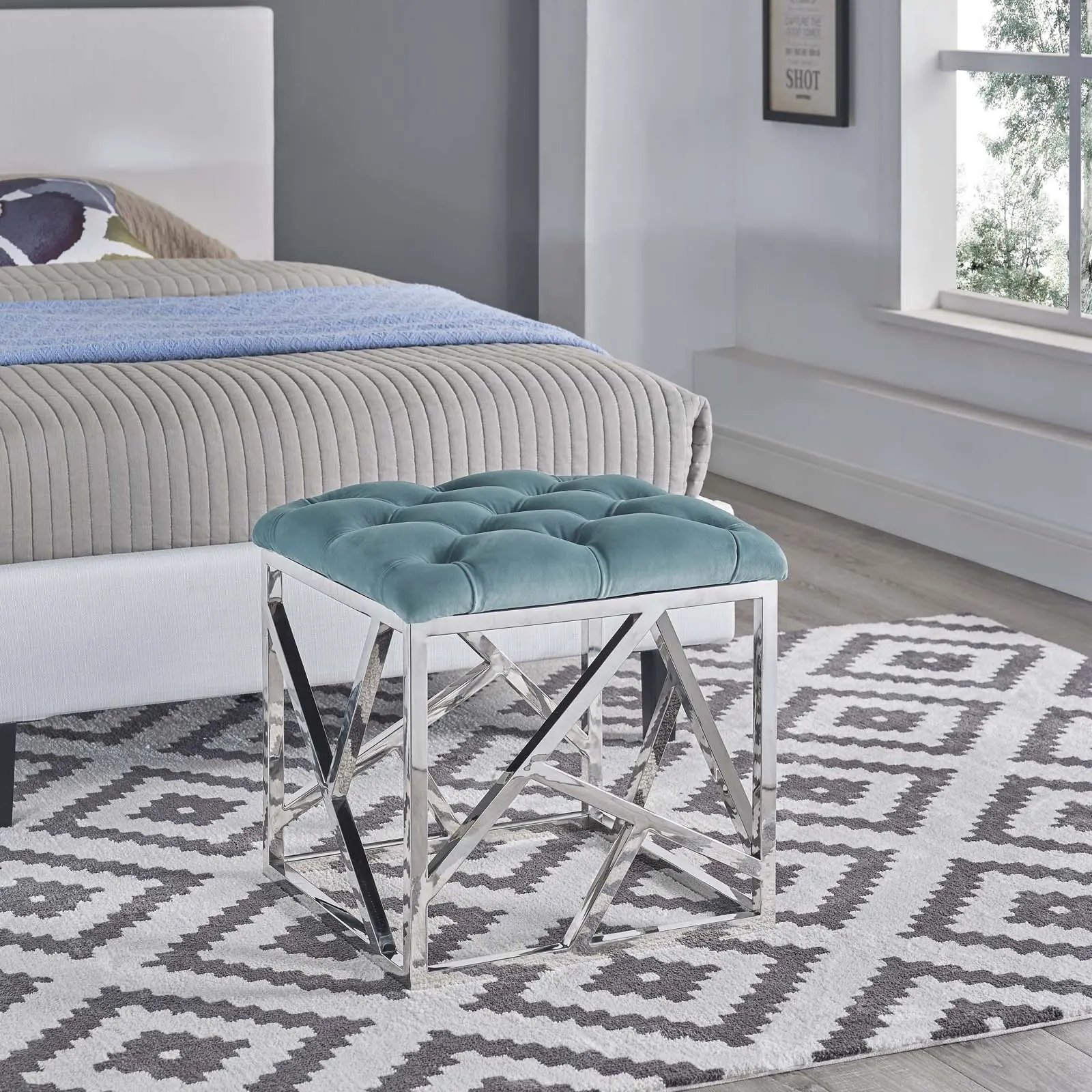 Modway Intersperse Modern Sea Blue Tufted Velvet Foot Rest Stool - Polished Stainless Steel Base, Non-Marking Footpads, Tufted Buttons, Footstool Functionality, 331 lbs Weight Capacity, Fully Assembled for Indoor Use