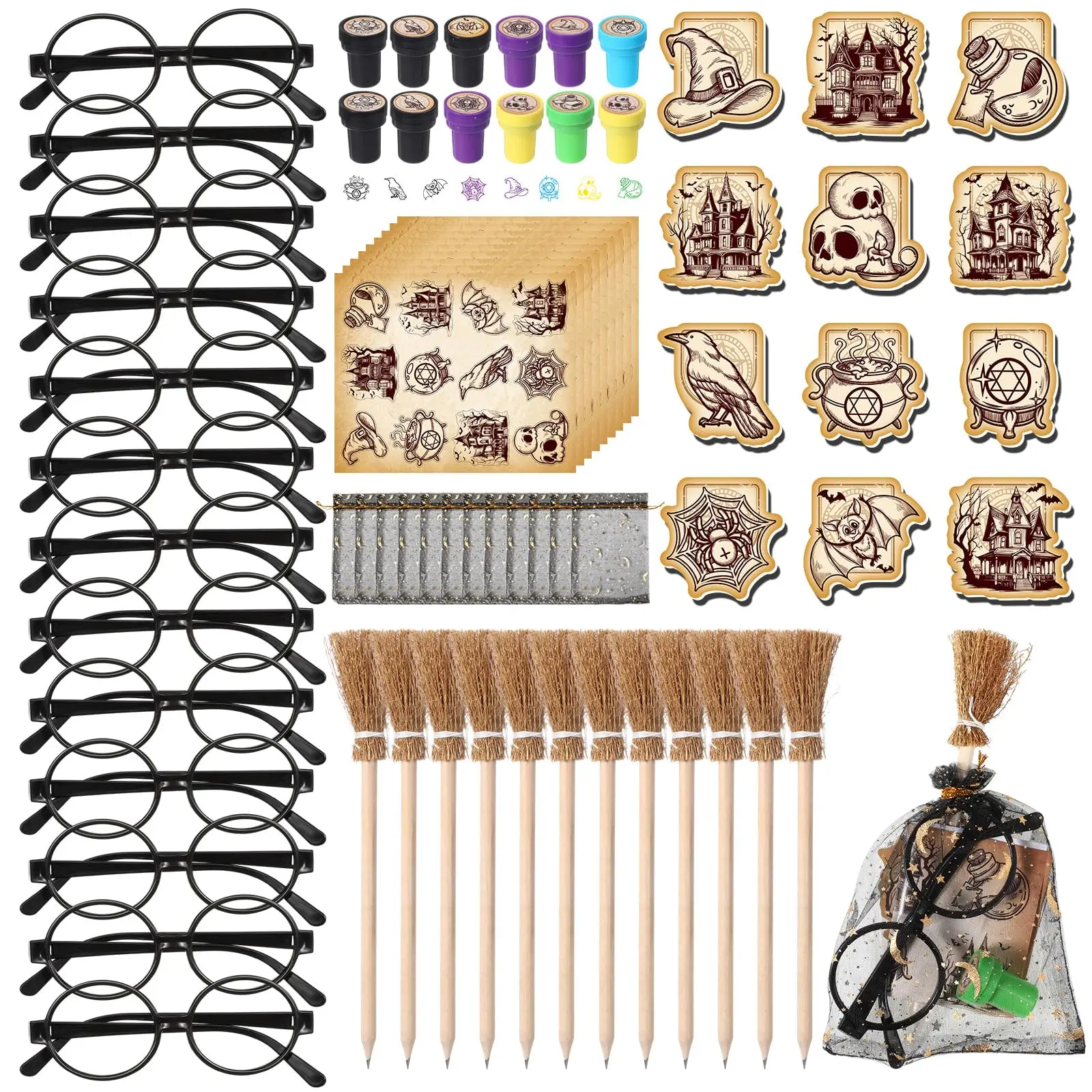 12/24 Set Halloween Wizard Party Favors Gift Bulk, Magical Themed Goodie Bags with Wand Black Glasses Pencil Stamp Sticker Gift Bag for Students & Teachers, Classroom Birthday Wicked Decorations Boo Basket Stuffers festive  Prizes Supplies favor supply