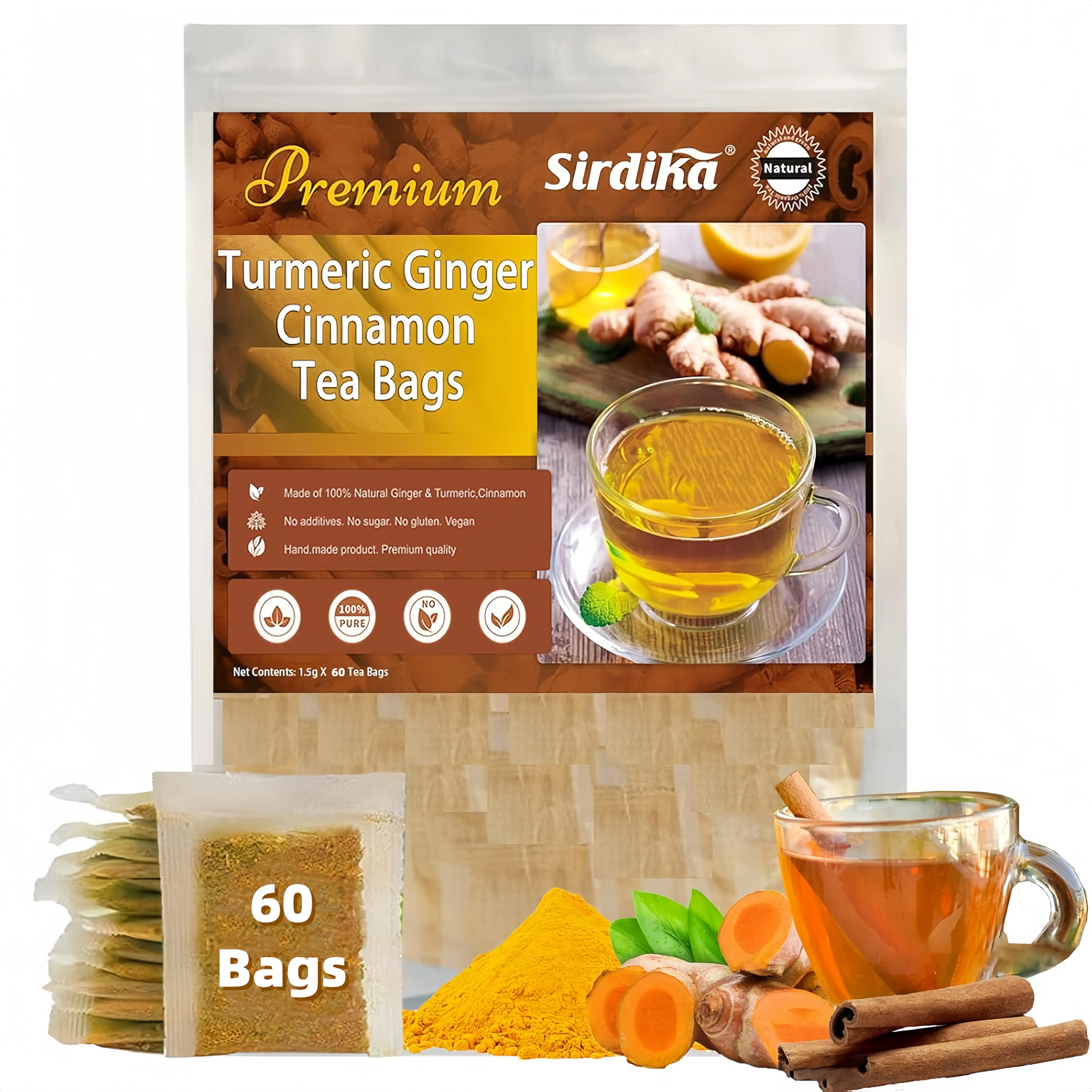 60ct Turmeric Ginger Cinnamon Tea Bags | Herbal Detox Tea for Inflammation & Digestion | Natural Wellness Drink | Caffeine-Free Sugar-Free Tea | Daily Morning Ritual