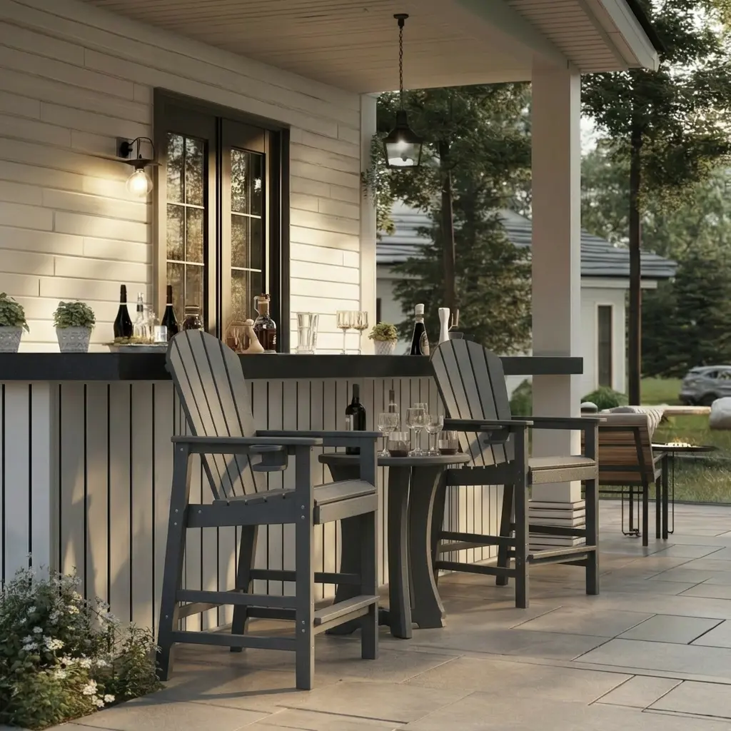 Gray HDPE Poly Lumber Bar Height Adirondack Chair, Built-in Cup Holder, All-Weather Outdoor Seating for High-Top Tables, Deck, Patio, Poolside