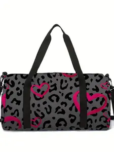 Grey Leopard Print Duffel Bag with Pink Hearts, Large Capacity Weekender Tote with Detachable Shoulder Strap, Multi-Purpose Gym & Travel Bag for Women
