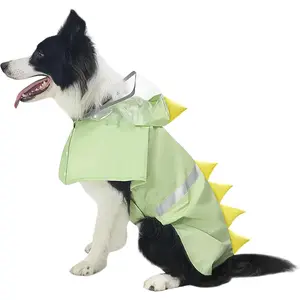 Waterproof Reflective Adjustable Hooded Dog Raincoat with Leash Hole Lightweight Breathable Pet Poncho for Dogs Green Dinosaur Large for 22-37lb