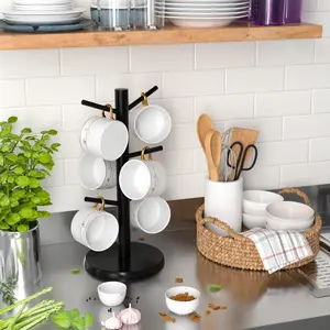 Black Coffee Mug Tree, Updated Thick Bamboo Mug Holder Base,Coffee Cup Stand Mug Holders with 6 Hooks for Countertop Cup Rack Organizer Stand (Black)