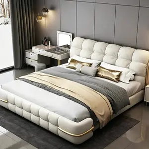 Modern Light Luxury Cloud Bubble Tufted Leather Bed Frame, Cream Soft Padded Headboard & Footboard with Gold Metal Trim, King Size Upholstered Platform Bed, Contemporary Luxury Couple Bed for Villa Master Bedroom