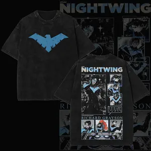 Retro 90s Vigilante Nightwing Inspired Graphic T-Shirt – Bludhaven Night Protector Grayson Streetwear Tee, Comic Style Cotton Shirt, Unisex Vintage Washed Black Tee, Gift for Fan, Gift for Him