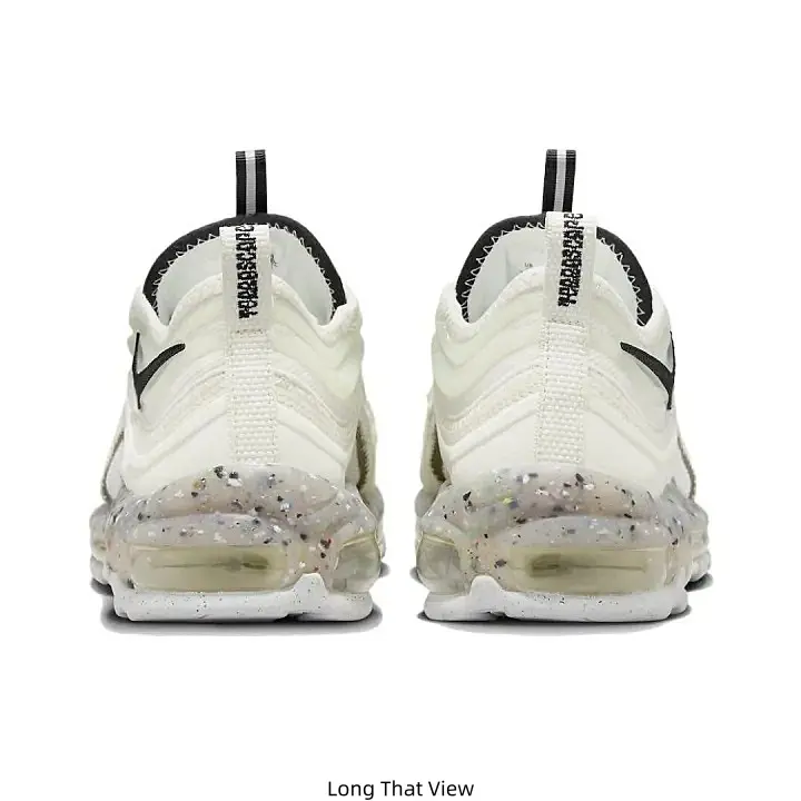 Low Top Full Air Cushion Running Sneakers Cream White Layered Fabric Upper Black Nike Swoosh Logo Speckled Recycled Crater Foam Air Midsole Speckled Grey Rubber Anti-Slip Outsole Lace-Up Breathable Casual Sports Trainers for Men Women