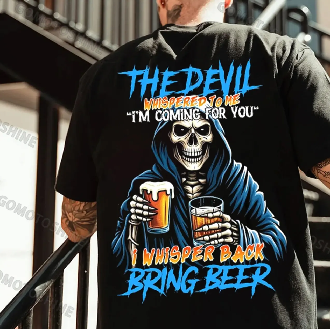 THE DEVIL WHISPERED TO ME Skeleton And Beer Print Men's T-shirt