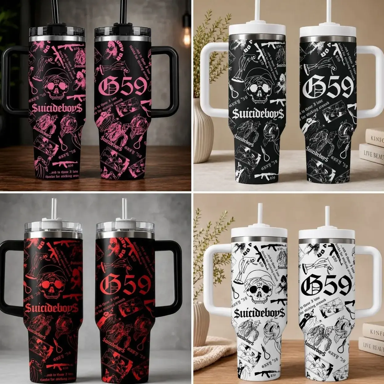 G59 Thanks For Sticking Around Tumbler 40oz with Handle, SB Eternal Grey Insulated Travel Mug with Straw, Vintage Hip Hop Stainless Steel Cup, Punk Skull Graphic Merch, Gothic Birthday Gift for Rap Music Lovers, Gift for Him