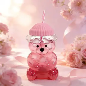 Adorable Bear Glass Cup 20 oz Capacity with Free Straw and Lid Cute Pink Edition Drink Cup for Daily Use Sweet Gift for New Year Valentine’s Day Drinkware Mug Insulated Water Bottle
