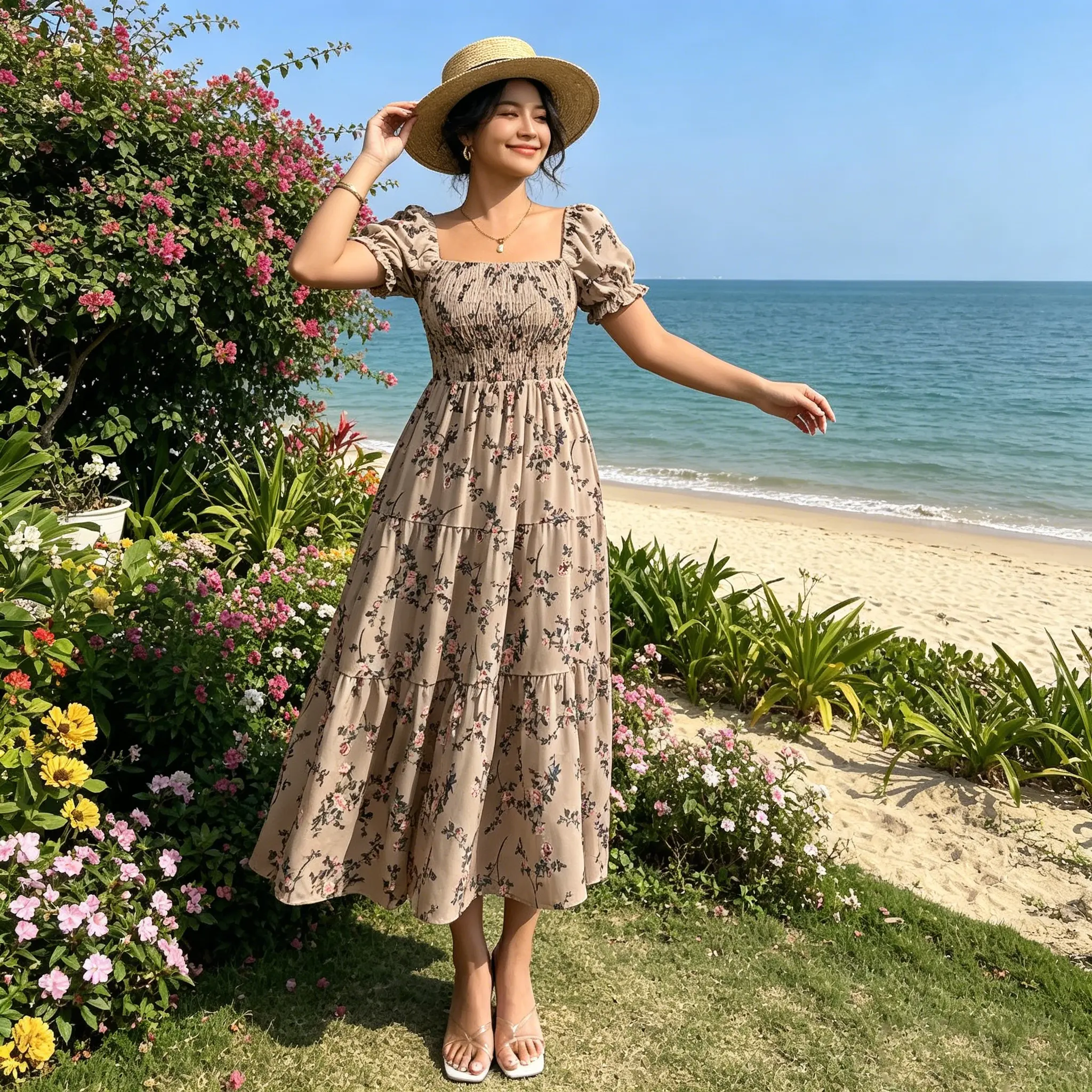 Women's French Style Square Neck Puff Sleeve Colorful Floral Print Casual Maxi Dress - Elegant Full Swing Long Casual Dress with Short Sleeve Option, Shortsleeve, Colorful Floral Casual Dresses