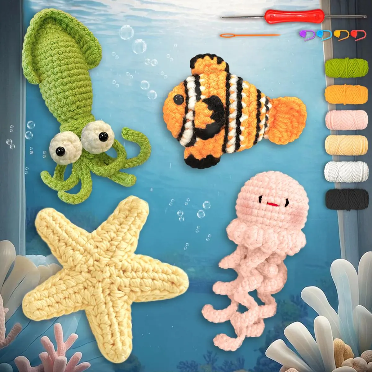 4pcs Squid Clownfish Starfish Jellyfish Crochet Kit, Complete DIY Materials with Hook and Instruction Manual, Detailed Teaching Video Included