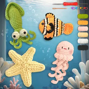 4pcs Squid Clownfish Starfish Jellyfish Crochet Kit, Complete DIY Materials with Hook and Instruction Manual, Detailed Teaching Video Included