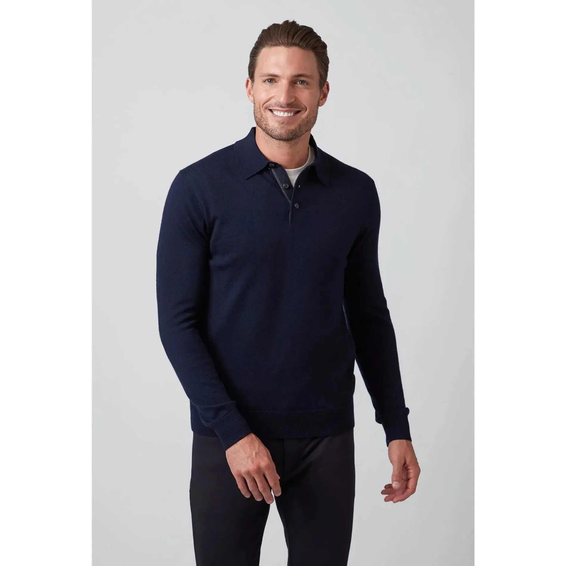 LONG SLEEVE MERINO POLO - NAVY