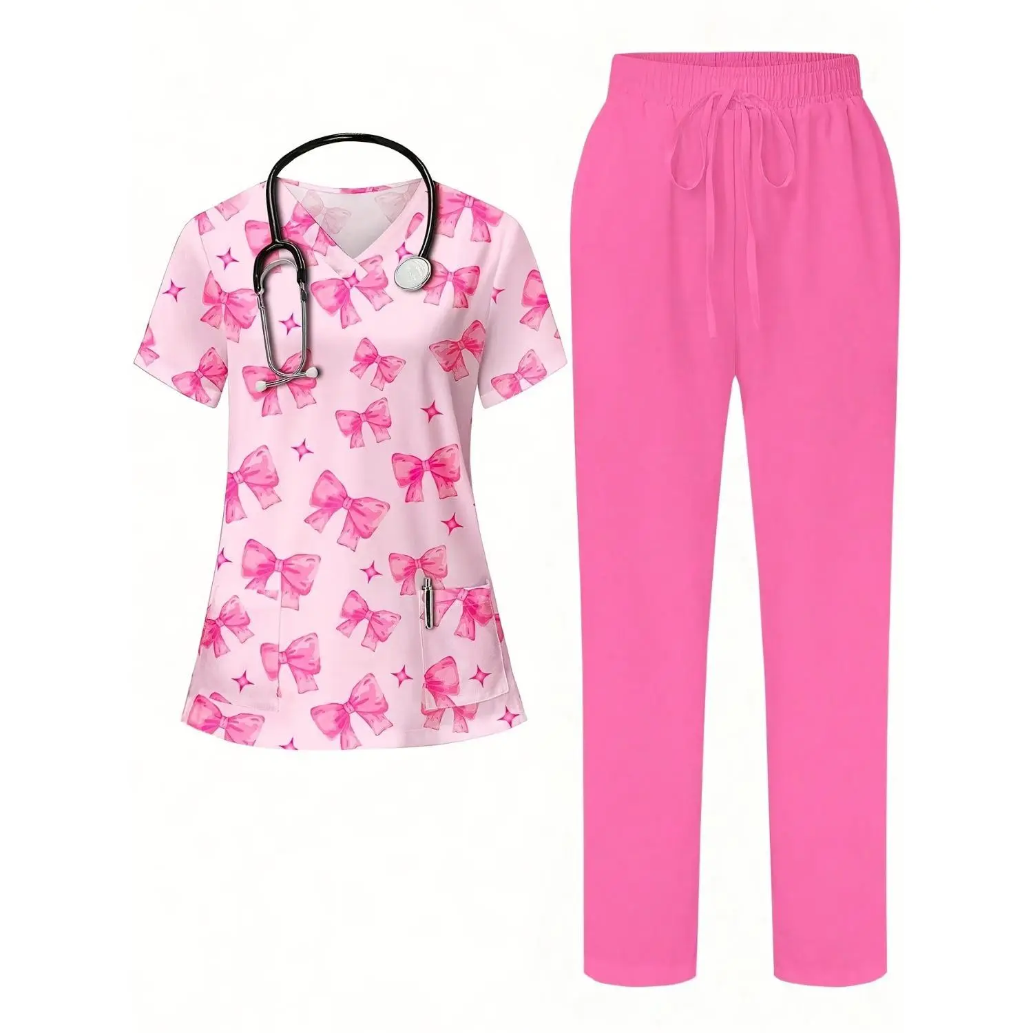 Women's Workwear Two-Piece Set - V-Neck Bow Print Top & Solid Straight Leg Pants, Multi-Pocket, Loose Fit, Durable Uniform for Work, Versatile Ladies Daily & Office Attire