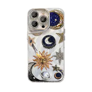 Sun, Moon, and Star Phone Case for iPhone 11/12/13/14/15/16/17 Pro Max,17Air,14/15/16 Plus,X,&XS Max; feather-veil texture design, anti-fingerprint, lens film & full-body drop protection.
